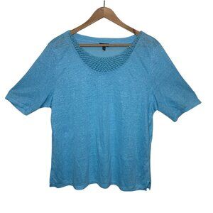 Talbots Womens Size XL Blue 100% Linen Crocheted Neckline Short Sleeve Top
